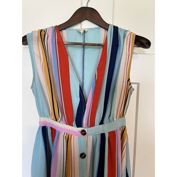 Bibi Women's Junior Dress Size Medium Button Front Multicolor Striped Midi - Picture 4 of 10